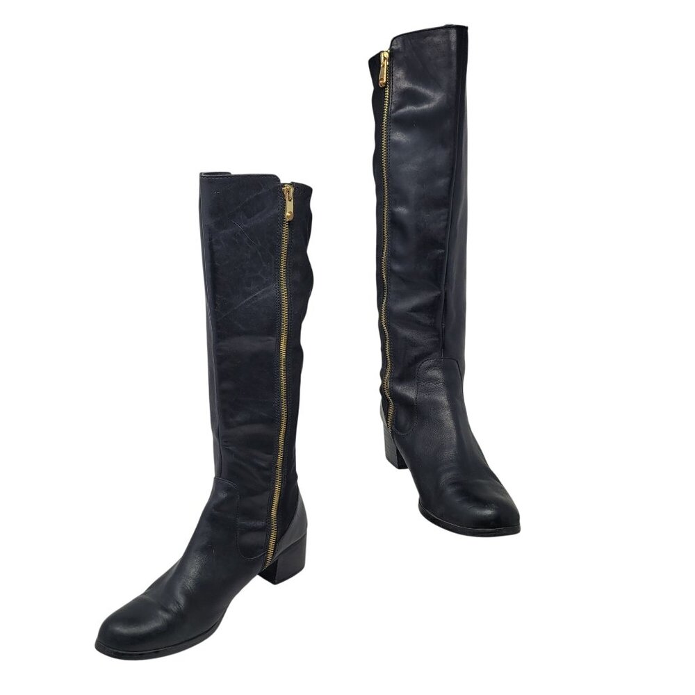 Tahari Kyle Black Leather Knee-High Riding Boots Sz 9‎ Zipper Stretch City Tall